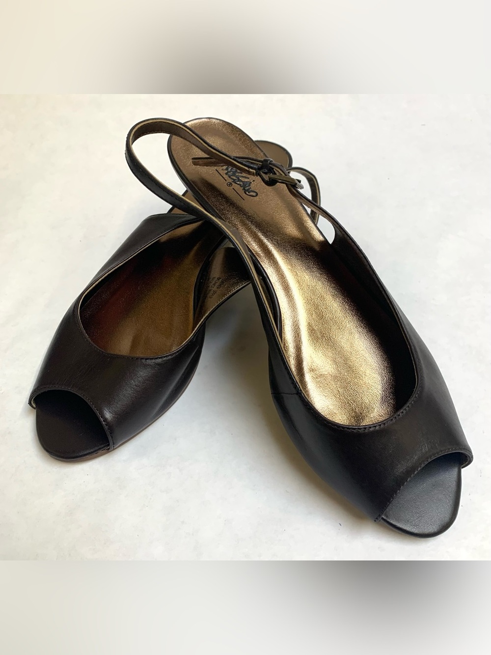 Y2k Vintage massimo brown leather sling back peep toe kitten wedge heels sz 8